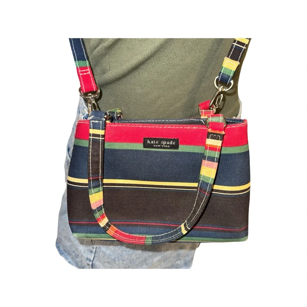 Kate Spade Crossbody Bag Women Small Multi-Color Good Y2K Striped Canvas Satchel